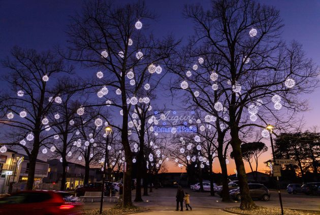 alberi con palle luminose decorazioni natalizie al tramonto